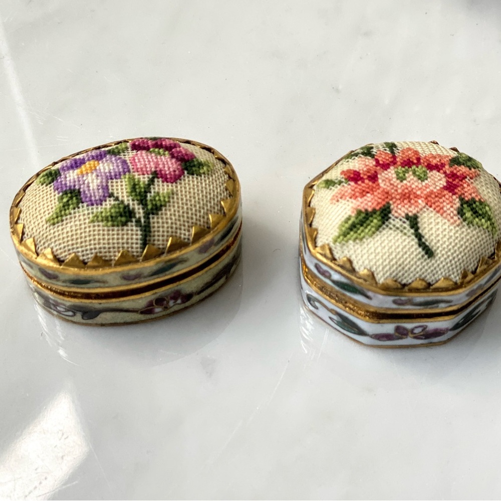 Vintage Petit Point Embroidered and Cloisonne Enamel Pill Trinket Boxes Set of 2